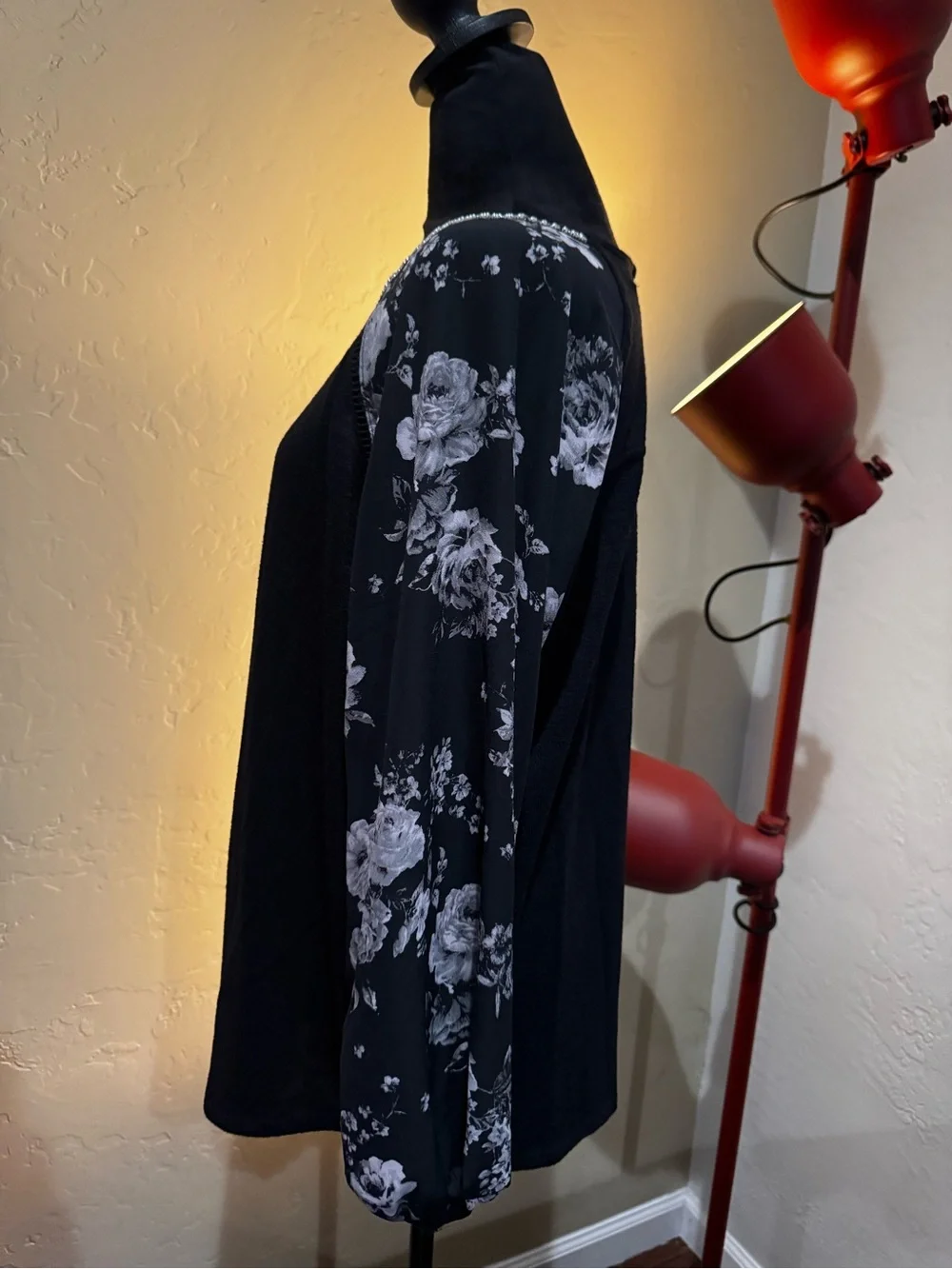 dressbarn Black Tunic with Floral Print Long Sleeves and Rhinestone Neckline